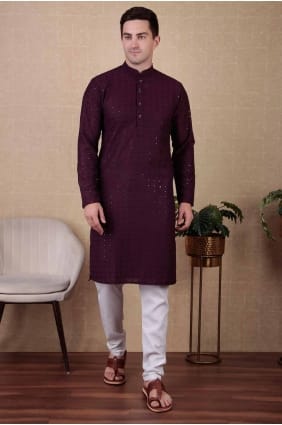 Embroidered Cotton Men Kurta in Wine KURR358