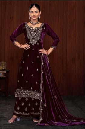 Embroidered Velvet Purple Palazzo Suit with Dupatta PZ4071