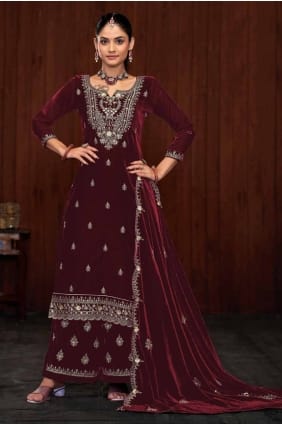 Embroidered Palazzo Suit in Maroon Velvet PZ4073