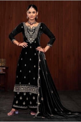 Velvet Palazzo Suit with Embroidered in Black PZ4074