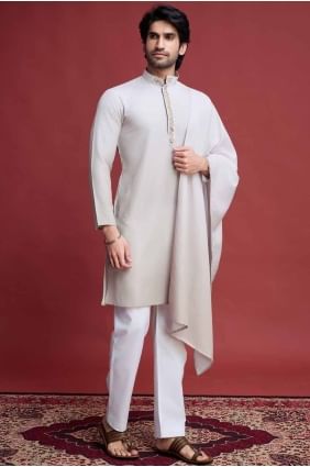 Men Kurta in Beige Rayon with Mirror INWU0024