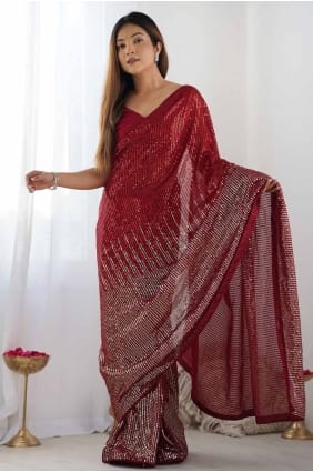 Georgette Saree in Red with Sequins SR27753