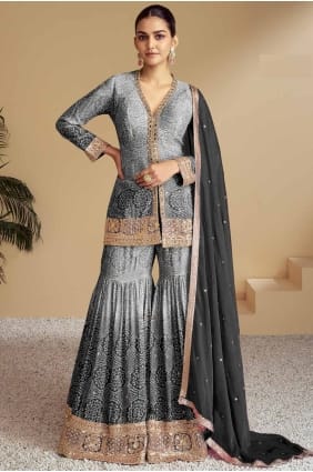 Grey Embroidered Chiffon Palazzo Suit PZ4078
