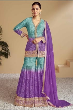 Chiffon Palazzo Suit with Embroidered in Purple PZ4075