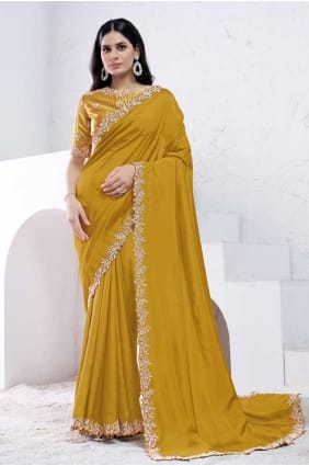 Crepe Sequins embroidered Mustard Saree with Blouse SR27754