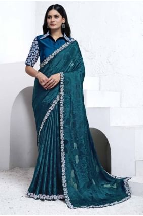 Saree inTeal blue Crepe with Sequins embroidered SR27756