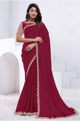 Crepe Sequins embroidered Red Saree with Blouse SR27757