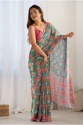 Green digital print Saree in Chiffon SR27772