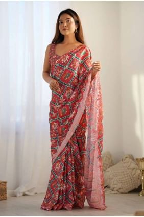 Red digital print Saree in Chiffon SR27773