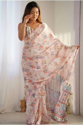 Chiffon digital print Cream Saree with Blouse SR27774