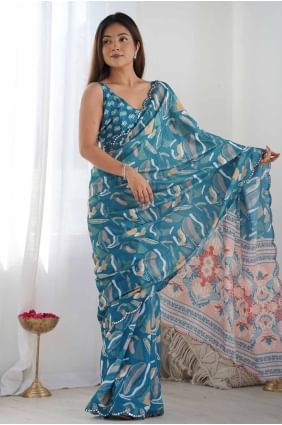 Chiffon Saree with digital print in Teal SR27777