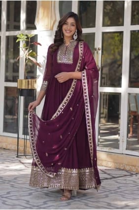 Embroidered Faux georgette Gown Dress in Wine GW1007
