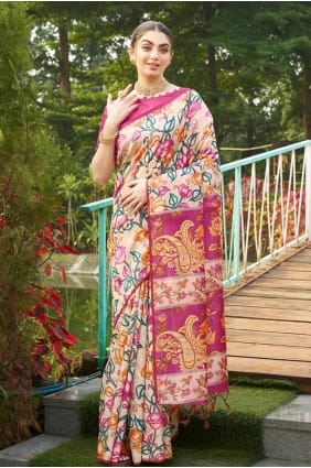 Pink Printed Saree in Tussar silk SR27791