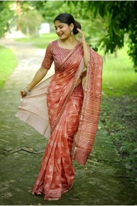 Digital print Saree in Orange Cotton SR27801