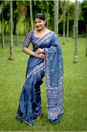 Blue Digital print Saree in Cotton SR27802