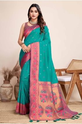 Weaving Jacquard silk Saree in Rama with Blouse SR27805