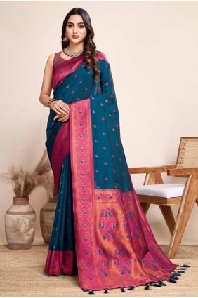 Jacquard silk Saree in Blue with Weaving SR27806