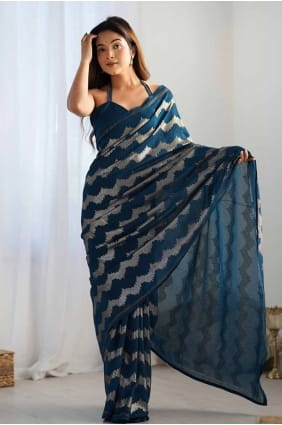 Sequins embroidered Cotton Saree in Petrol SR27810