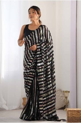 Cotton Saree in Black with Sequins embroidered SR27812