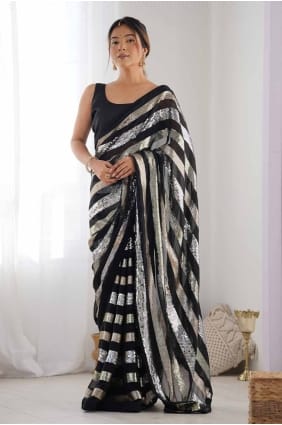 Black Sequins embroidered Cotton Saree SR27813