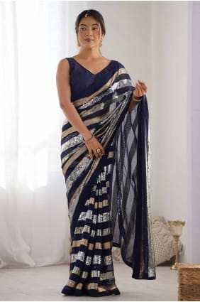 Cotton Blue Saree in Sequins embroidered SR27814