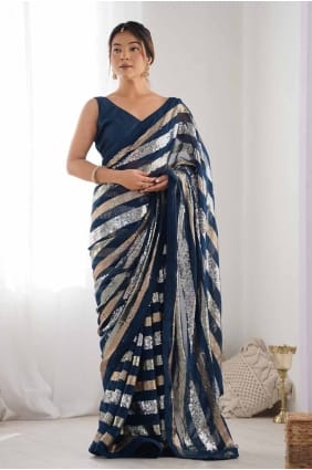 Cotton Sequins embroidered Petrol Saree with Blouse SR27815