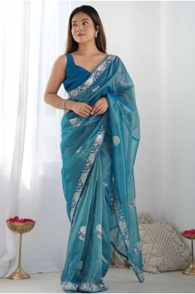 Teal blue Sequins embroidered Saree in Net SR27818