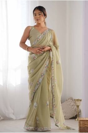 Sequins embroidered Net Saree in Pista SR27819