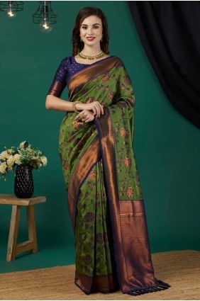 Weaving Banarasi silk Saree in Green with Blouse SR27821