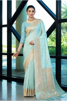Aqua blue Saree with Weaving Banarasi silk SR27839