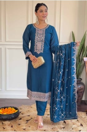 Embroidered Silk Straight Pant Suit in Blue SK154793