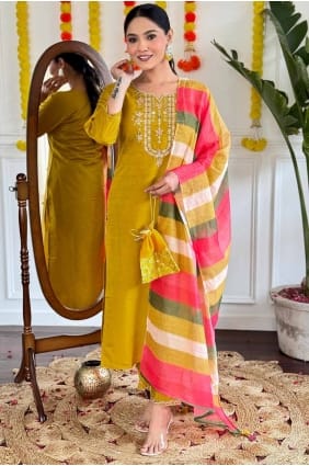 Mustard Embroidered Straight Pant Suit in Silk SK154796