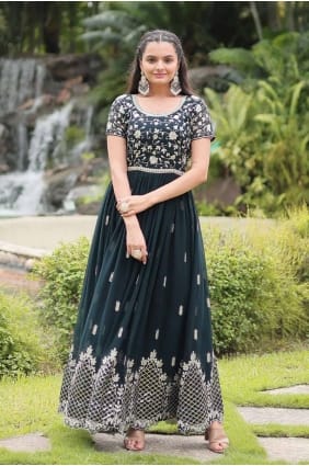 Embroidered Gown Dress in Green Faux georgette GW1012