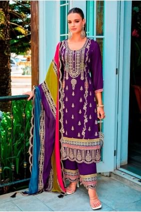 Embroidered Eid Palazzo Suit in Purple Chiffon PZ4082