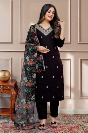 Net Straight Pant Suit in Black with Embroidered SK154803