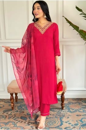 Red Straight Pant Suit in Embroidered Rayon SK154812