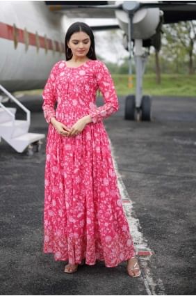 Georgette Gown Dress in Pink with Embroidered GW1016