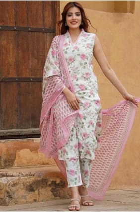 Straight Pant Suit in Pink Cotton with Lace SK154839