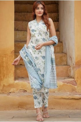 Blue Lace Straight Pant Suit in Cotton SK154840