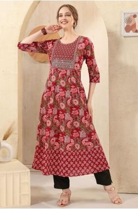 Cotton Maroon Kurti in Embroidered KTI2587