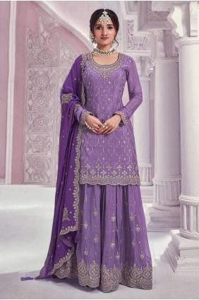 Chiffon Eid Pakistani Suit with Embroidered in Violet SS1199