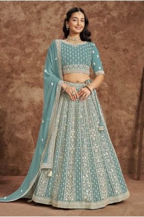 Embroidered Faux georgette lehenga in Sky blue with choli LC8175