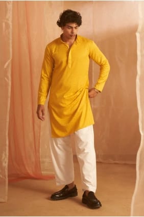 Viscose Men Kurta in Mustard with Embroidered KURR373