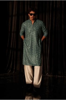 Embroidered Viscose Men Kurta in Cyan blue with Dupatta KURR374
