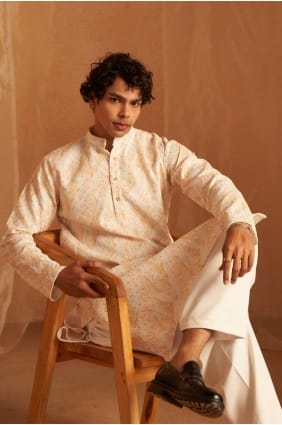 Yellow Men Kurta in Embroidered Viscose KURR376