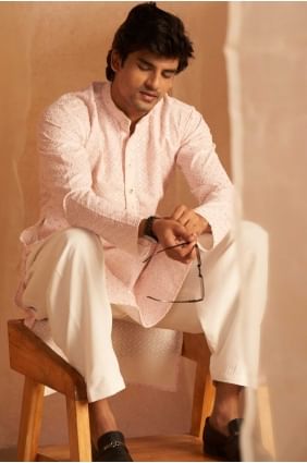 Pink Men Kurta in Embroidered Viscose KURR377