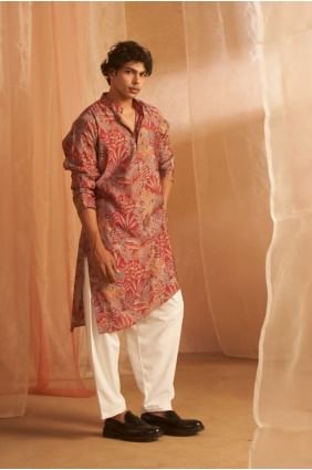 Printed Silk Pink Men Kurta with Dupatta KURR380