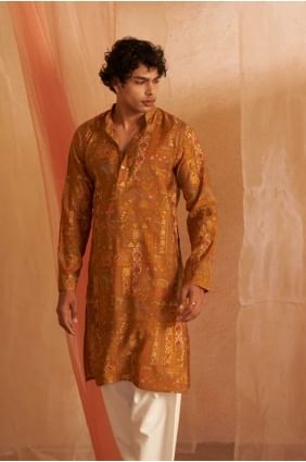 Brownish yellow Silk Printed Men Kurta with Dupatta KURR381