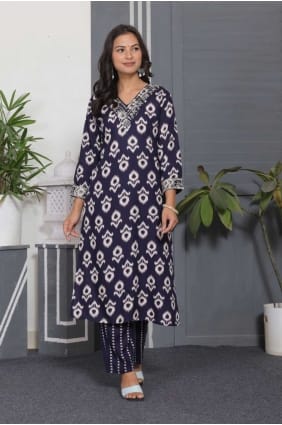 Rayon Straight Pant Suit with Embroidered in Blue SK154862