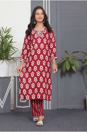 Straight Pant Suit in Red Rayon with Embroidered SK154863